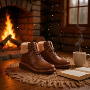Clarks Women Cozy LEATHER & Faux Fur Lined Combat Boots Cognac Brown SZ 8.5 M